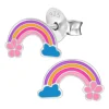 Zilveren oorstekers, regenboog met blauw wolkje en roze bloem