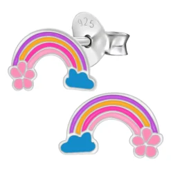 Zilveren oorstekers, regenboog met blauw wolkje en roze bloem