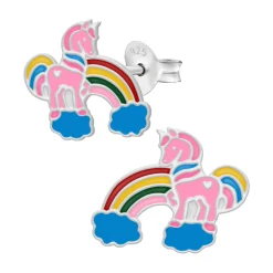 Zilveren oorstekers, regenboog met blauwe wolkjes en roze eenhoorn