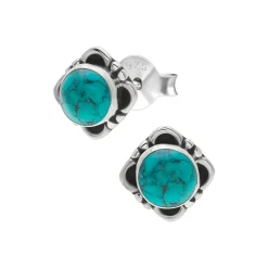 Zilveren oorstekers, ronde turquoise steen met bewerkte rand met bloemblaadjes