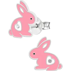 Zilveren oorstekers, roze konijn met hartje en kristal