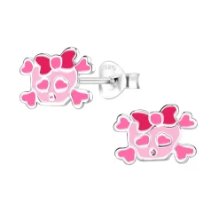 Zilveren oorstekers, roze doodshoofd met strik