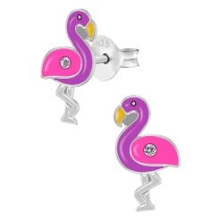 Zilveren oorstekers, roze met paarse flamingo met kristal