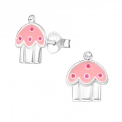 Zilveren oorstekers, roze cupcake met kristal