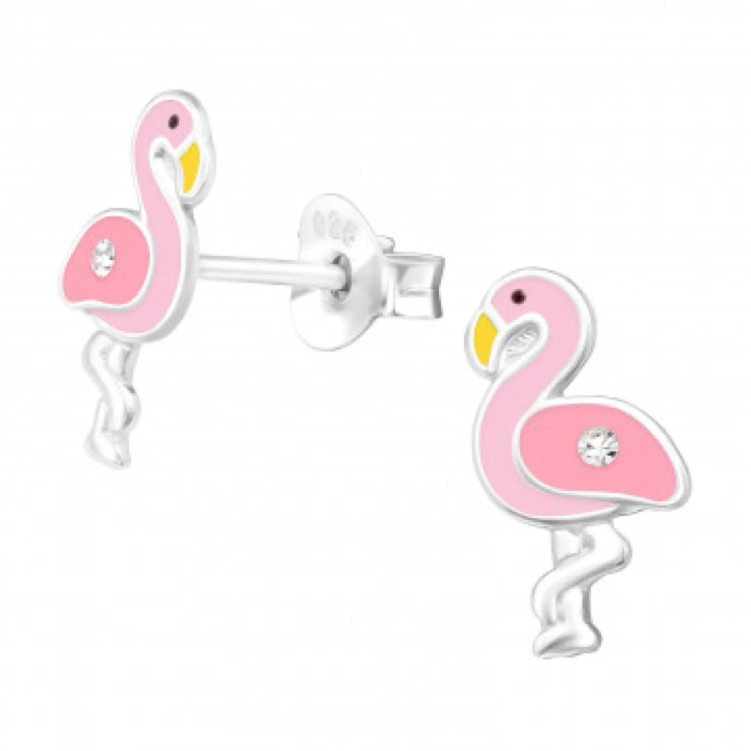Zilveren oorstekers, roze flamingo met kristal