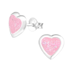 Zilveren oorstekers, roze hart met glitters en gladde rand