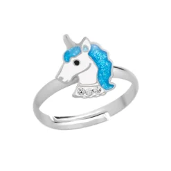 Zilveren ring, eenhoornhoofd met blauwe glittermanen