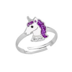 Zilveren ring, eenhoornhoofd met paarse glittermanen