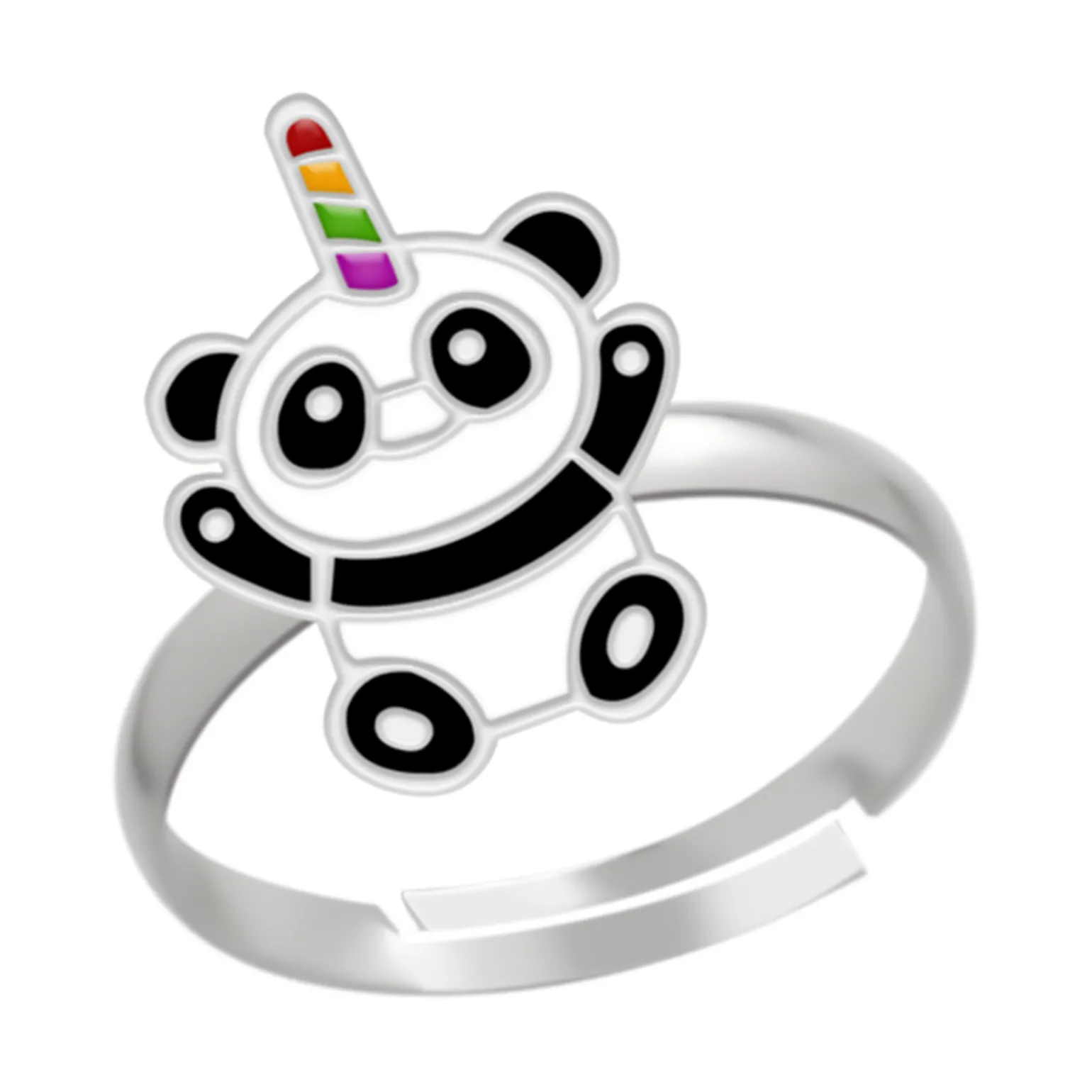 Zilveren ring, eenhoornpanda met regenbooghoorn