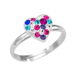 Zilveren ring, hartje met gekleurde kristallen
