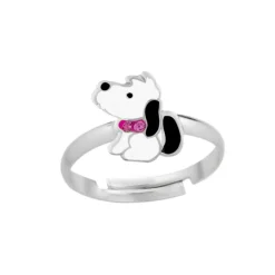 Zilveren ring, hondje met roze kristallen halsband