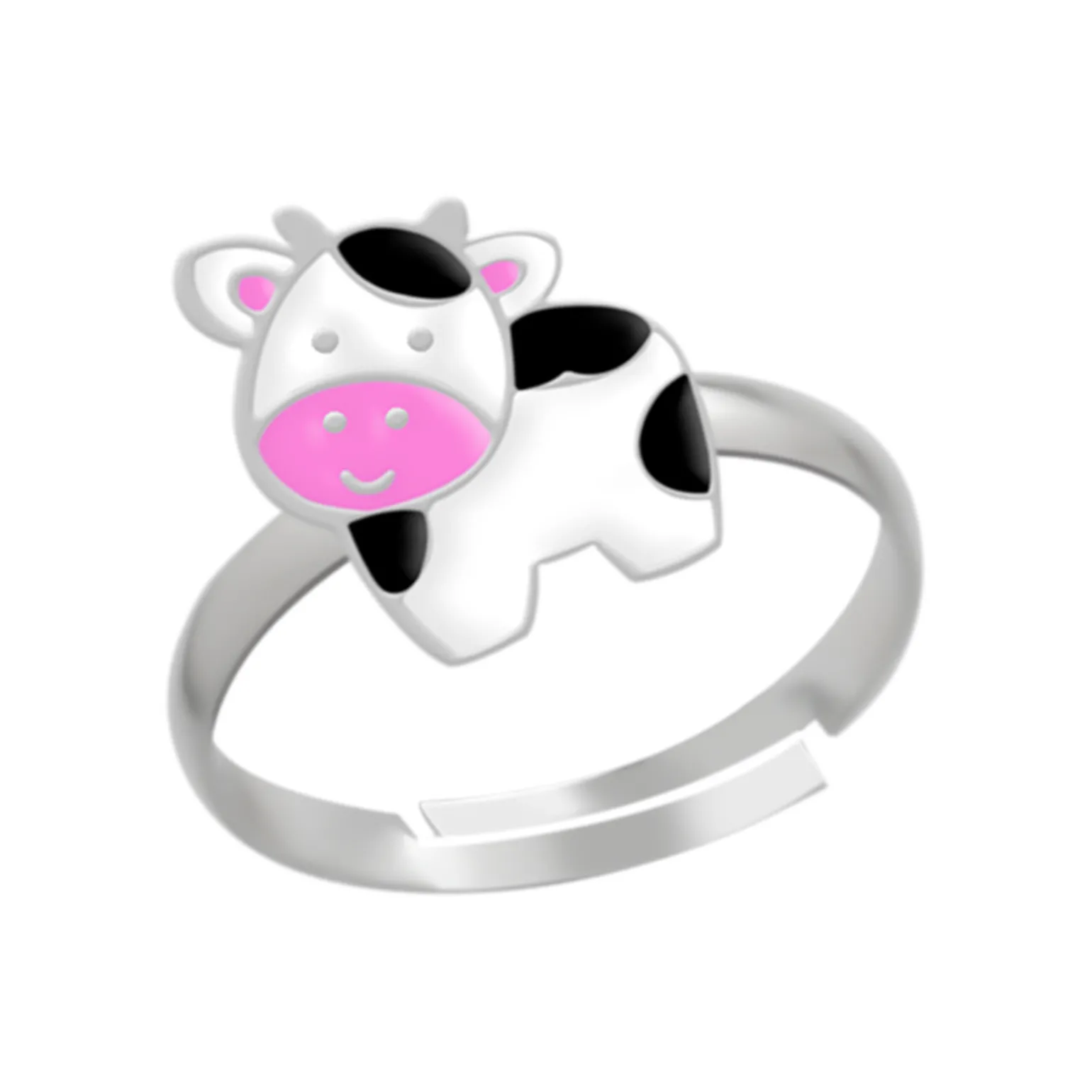Zilveren ring, koe met roze snuit