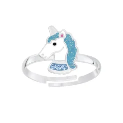 Zilveren ring met eenhoorn hoofd, blauw