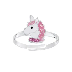 Zilveren ring met eenhoorn hoofd, roze