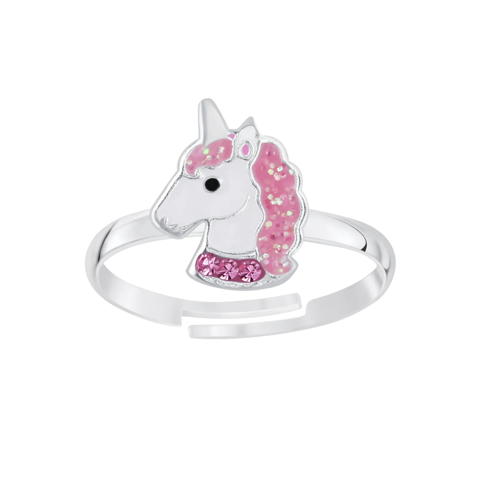 Zilveren ring met eenhoorn hoofd, roze