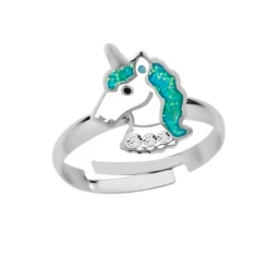 Zilveren ring met eenhoornhoofd, turquoise glittermanen