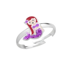 Zilveren ring met zeemeermin, paarse glitterstaart