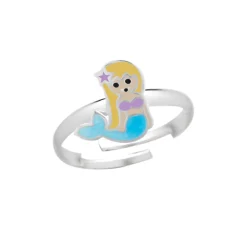 Zilveren ring met zeemeermin, blauwe glitterstaart