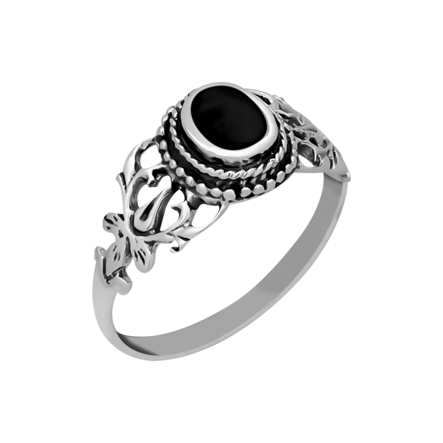 Zilveren ring, opengewerkt, met onyx