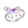 Zilveren ring, paard met roze manen en paars zadel