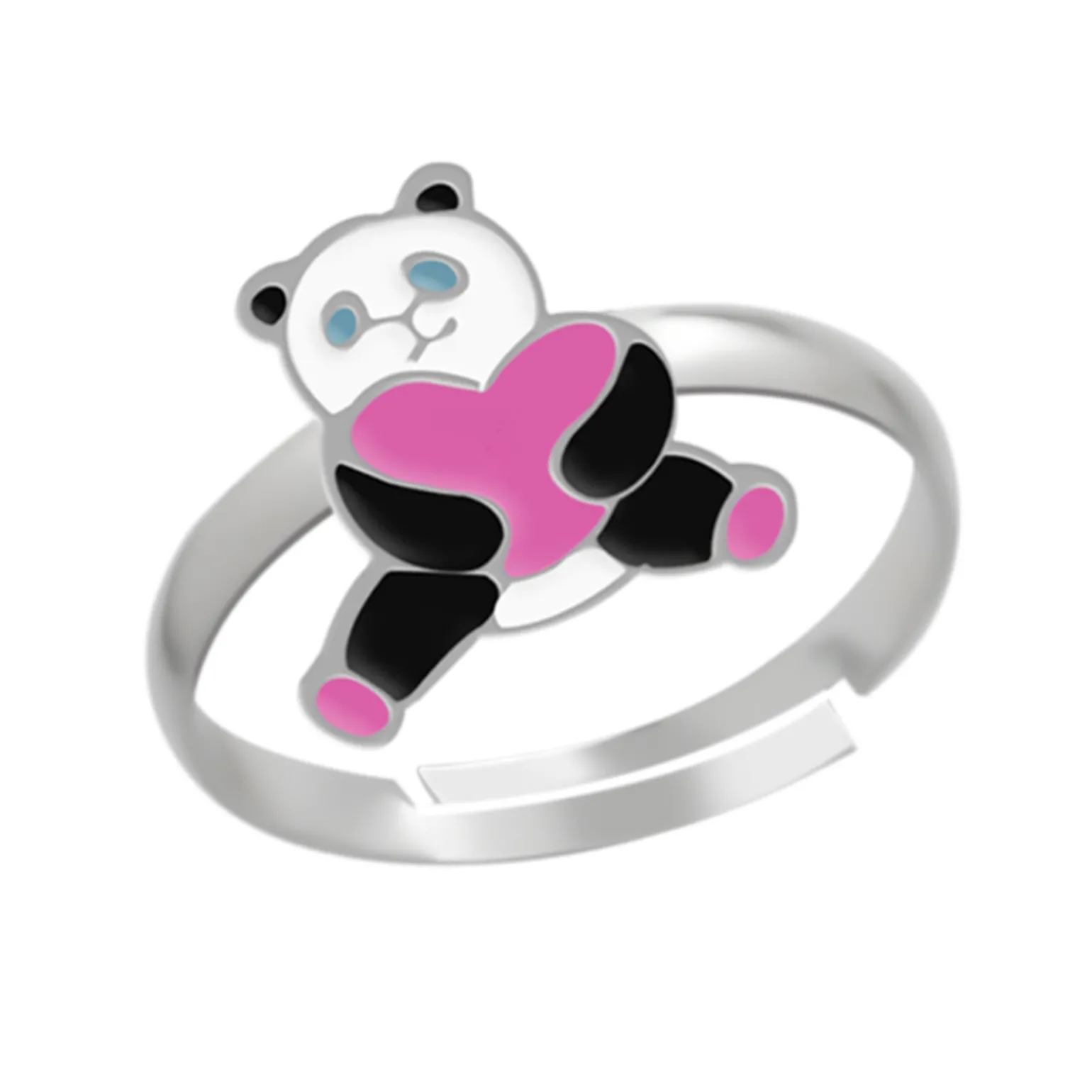 Zilveren ring, panda met roze hart