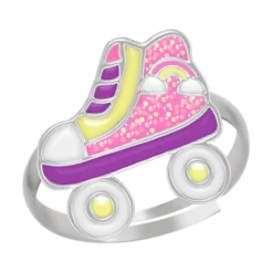 Zilveren ring, rolschaats in pastelkleuren met regenboog en glitters