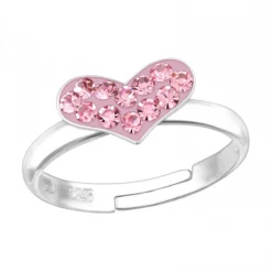 Zilveren ring, roze hart met kristallen