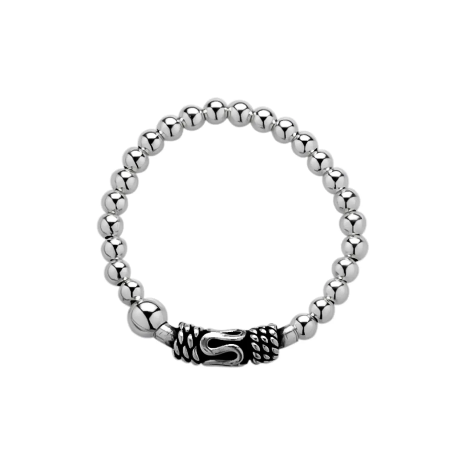 Zilveren ring, stretch, bolletjes en Bali element