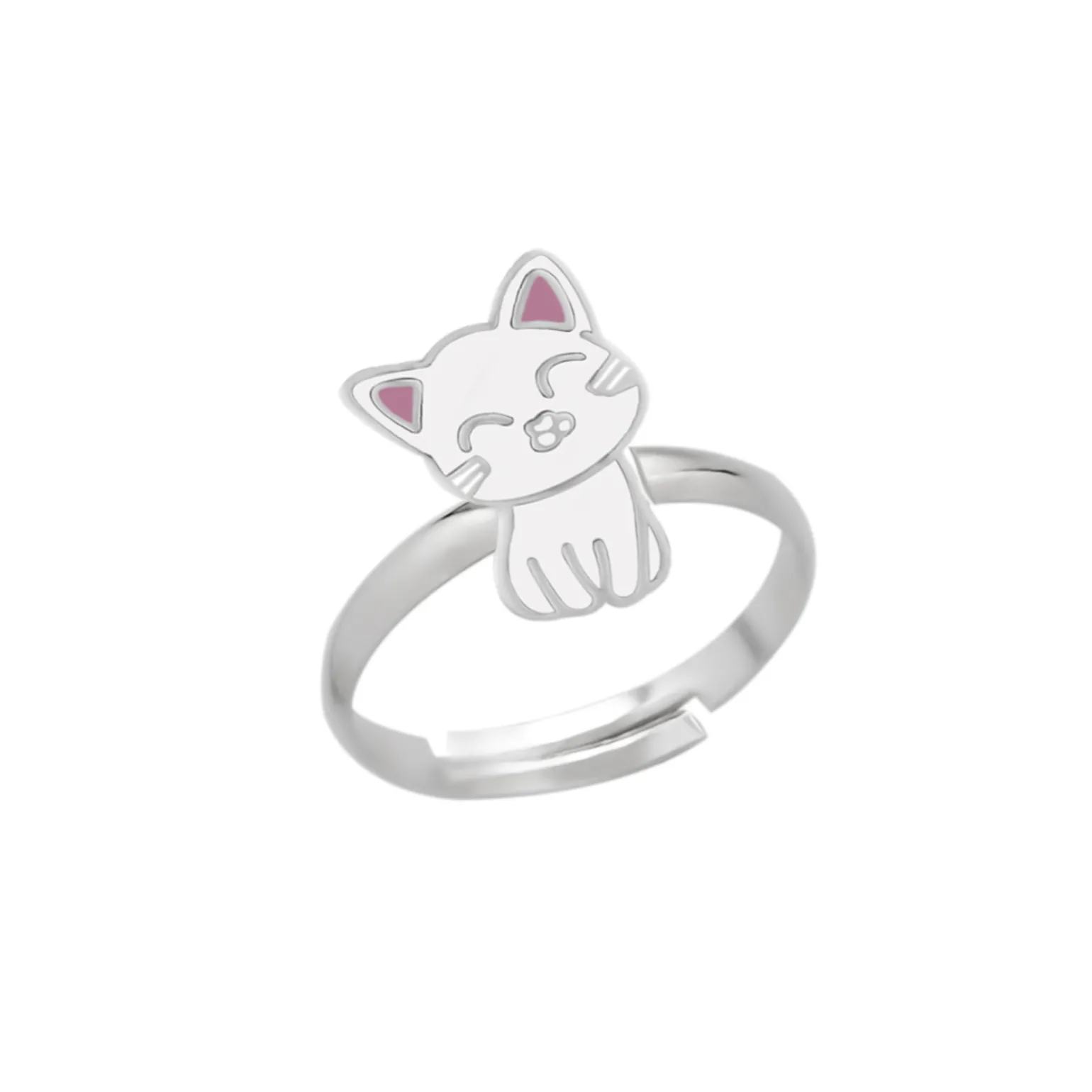 Zilveren ring, wit katje