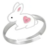 Zilveren ring, wit konijntje met roze hartje en kristal