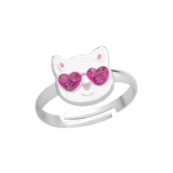 Zilveren ring, witte kattenkop met roze zonnebril