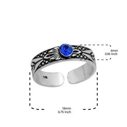 Zilveren teenring, bewerkte, geoxideerde band met capri blue kristal
