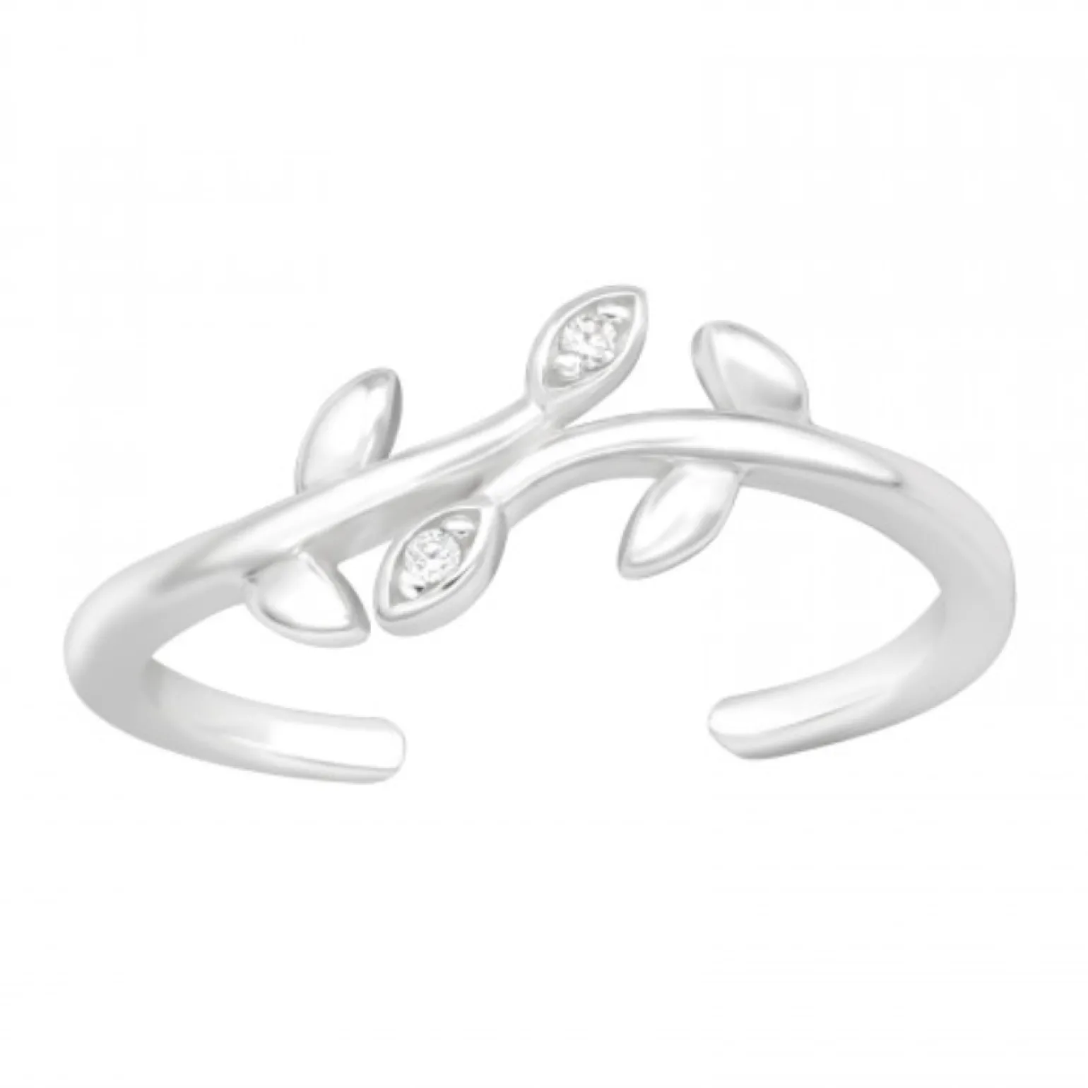 Zilveren teenring, blaadjes met kristallen