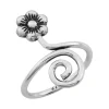 Zilveren teenring, bloem en spiraal