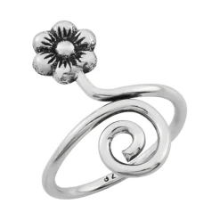 Zilveren teenring, bloem en spiraal