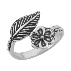 Zilveren teenring, bloem en blad