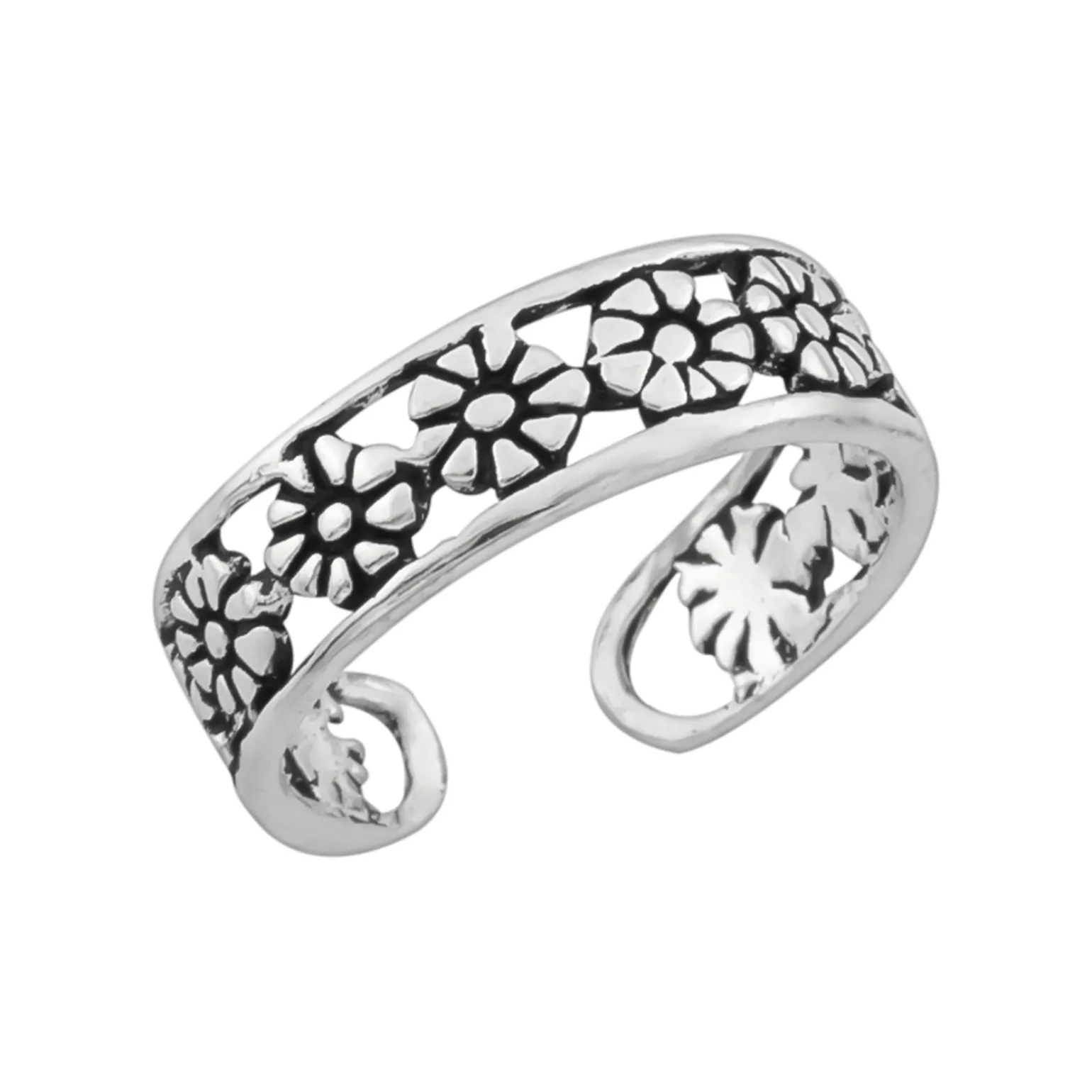 Zilveren teenring, bloemetjes