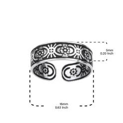 Zilveren teenring, bloemetjes en zonnetjes