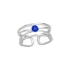 Zilveren teenring, breed opengewerkt met blauwe kristal