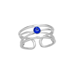 Zilveren teenring, breed opengewerkt met blauwe kristal