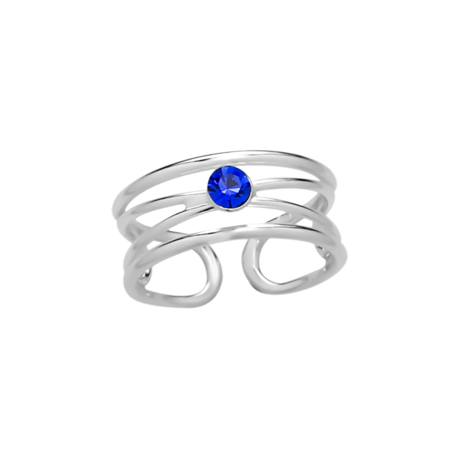 Zilveren teenring, breed opengewerkt met blauwe kristal