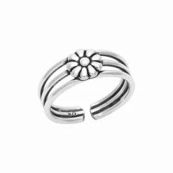 Zilveren teenring, drie banden met bloem