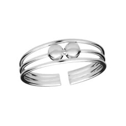Zilveren teenring, drie bandjes met twee kraaltjes