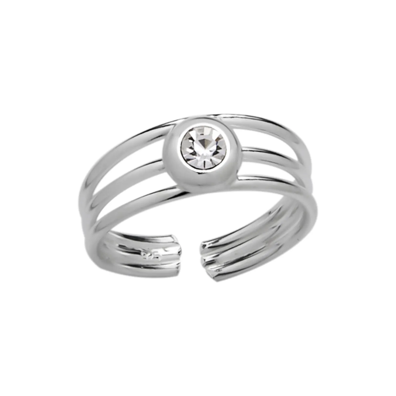 Zilveren teenring, drie bandjes met kristal