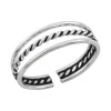 Zilveren teenring, drie banden, glad en gevlochten