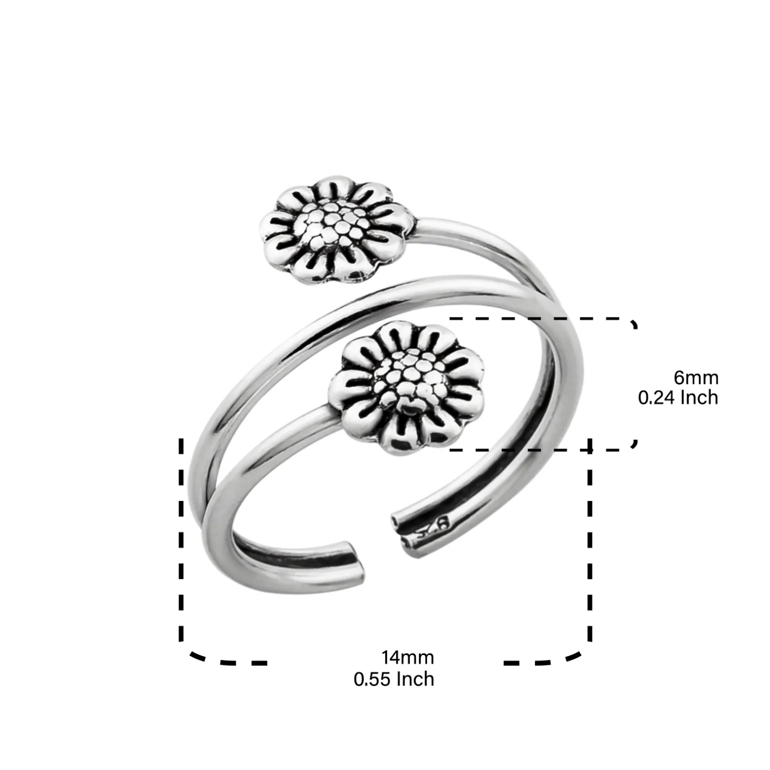 Zilveren teenring, drie banden en bloemetjes