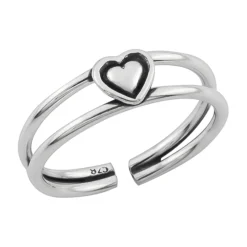 Zilveren teenring, dubbele band met hart