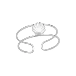 Zilveren teenring, dubbele band met schelp