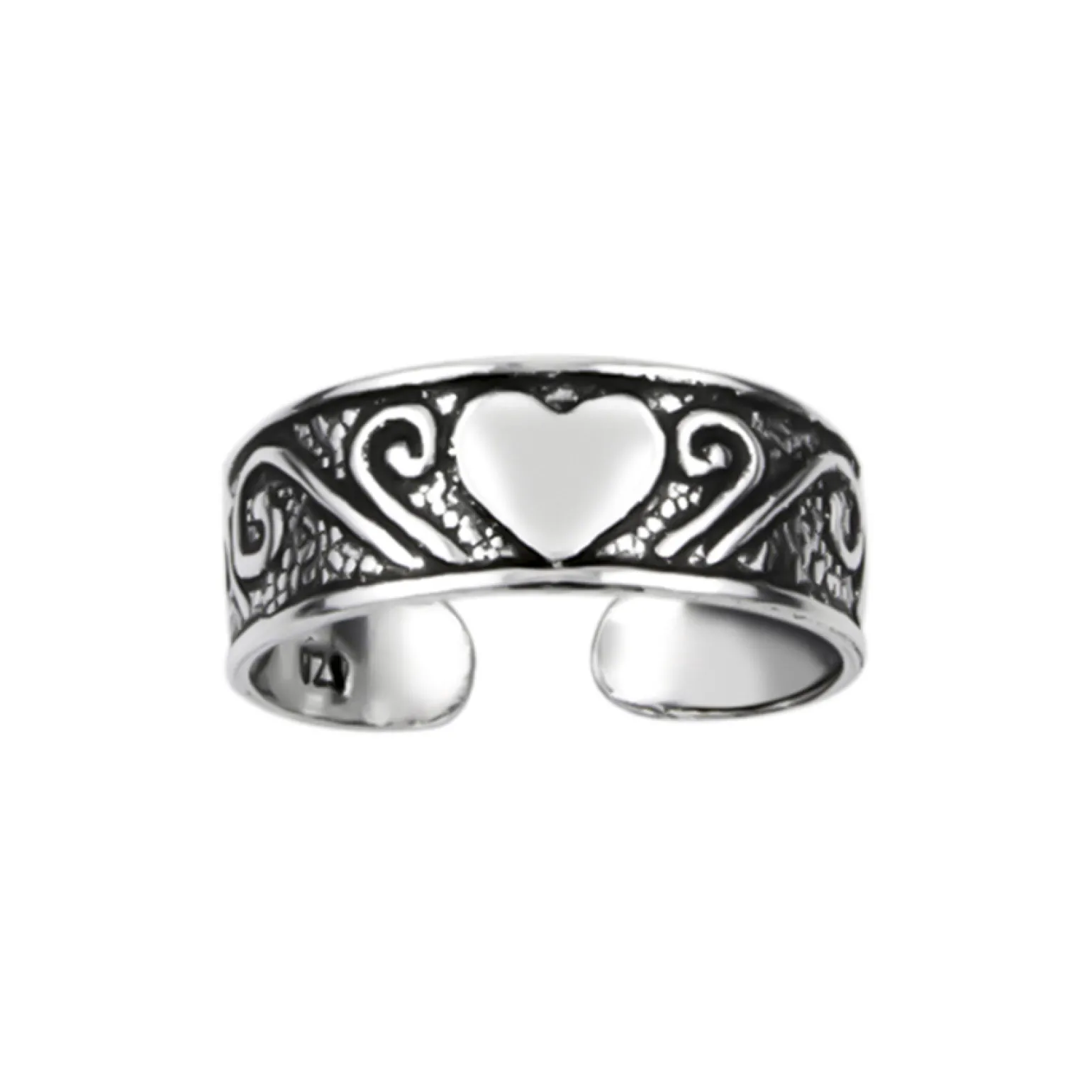 Zilveren teenring, gedecoreerde band met hart