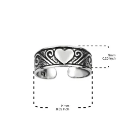 Zilveren teenring, gedecoreerde band met hart
